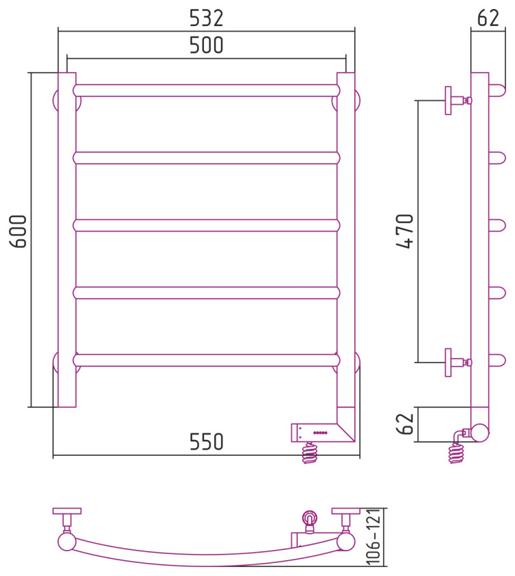 Полотенцесушитель электрический Сунержа Галант 2.0 600х500 МЭМ правый Тёмный титан муар
