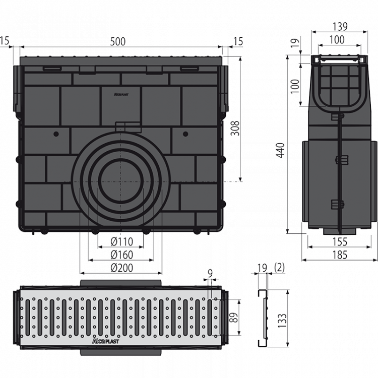 Пескоуловитель для дренажного канала AVZ102 с пластиковой рамой и оцинкованной решеткой „C“ профиль A15 Alcadrain AVZ102R-R102S
