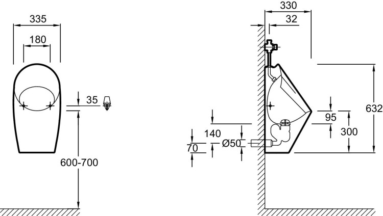 Писсуар 33,5 x 63,2 x 30 см, с открытой подводкой, встроенной сливной трубой Jacob Delafon PATIO E1546-00
