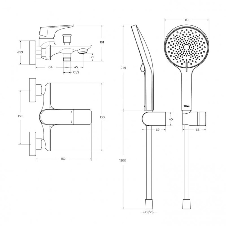 Смеситель для ванны и душа в комплекте с ручным душем, шлангом и держателем Cezares MARINO-VASM-CRM