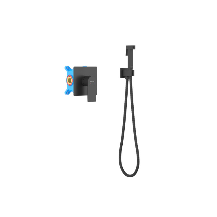 Набор с гигиеническим душем (смеситель + гигиеническая лейка + шланг + шланговое подсоединение с держателем) Aquatek, матовый черный AQ1419MB ЛИРА