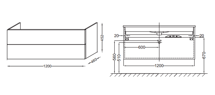 Тумба под раковину Jacob Delafon Vox 120 подвесная 2 ящика изогнутые ручки