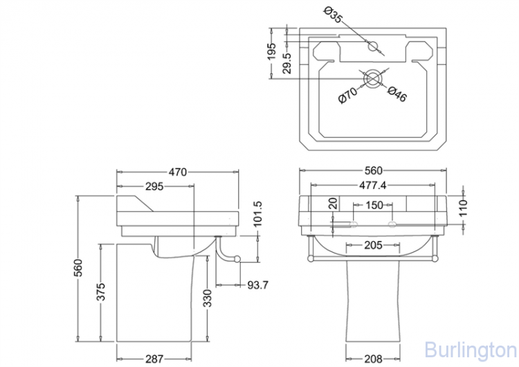 Раковина 56 см на 1 или 3 отверстия, c полупьедесталом и полотенцедержателем