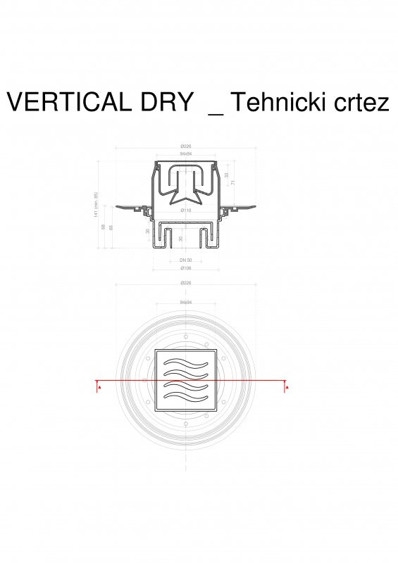 Точечный трап 100х100 мм Confluo Standard Vertical Dry,с сухим затвором, металл с перфорацией Tide (Волна),с рамкой PESTAN 13000069