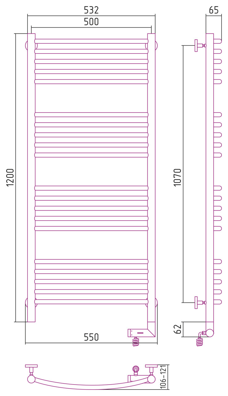 Полотенцесушитель электрический Сунержа Богема 2.0 выгнутая 1200х500 МЭМ правый Матовый чёрный