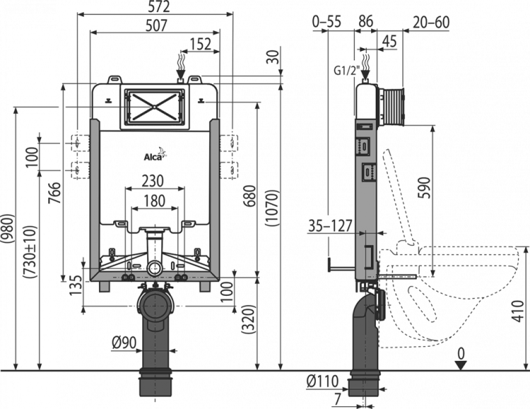 Скрытая система инсталляции для замуровывания в стену Alcadrain AM1115/1000 Renovmodul Slim