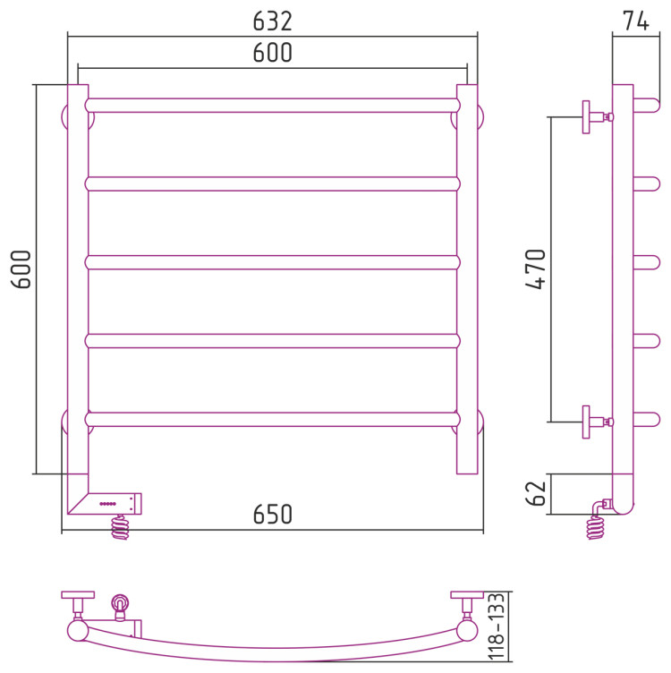 Полотенцесушитель электрический Сунержа Галант 2.0 600х600 МЭМ левый Без покрытия