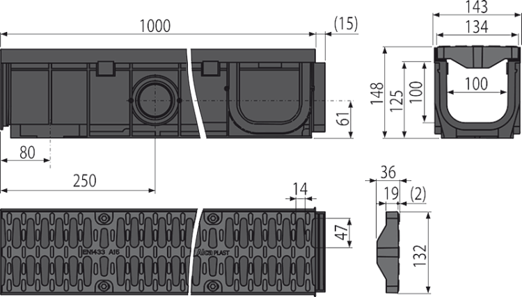 Дренажный канал 100 мм с пластиковой рамой и пластиковой решеткой А15 Alcadrain AVZ104-R401