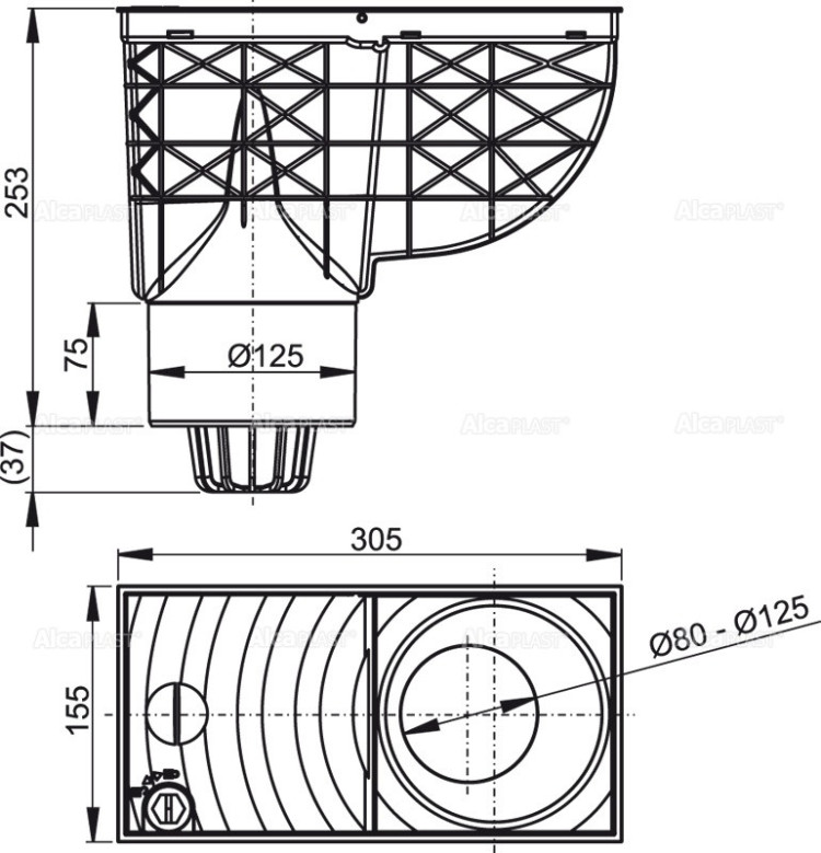 Ливнеотвод 300×155/125 мм, сток – прямой, серый Alcadrain AGV2S