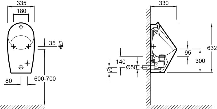 Писсуар 33,5 x 63,2 x 30 см, с встроенной подводкой, сливной трубой Jacob Delafon PATIO E1547-00