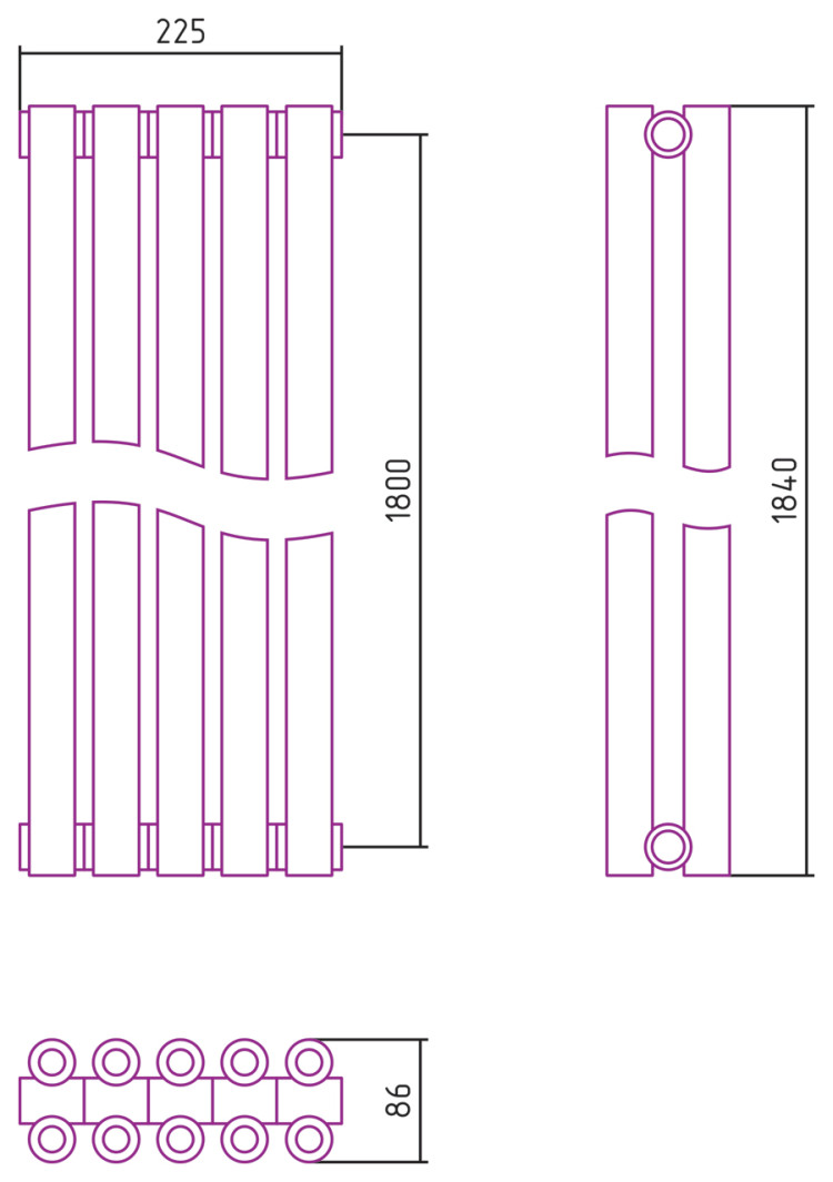 Отопительный радиатор Сунержа Эстет-00 1800х225 5 секций Матовый чёрный