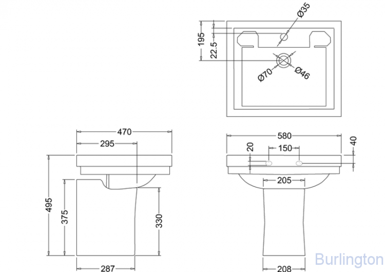 Раковина 58 см на 3 отверстия с полупьедесталом