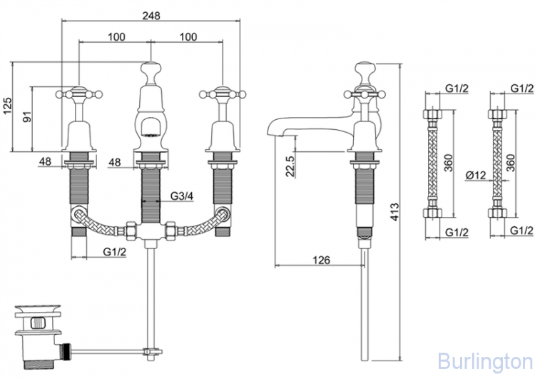 Смеситель для раковины на 3 отверстия с донным клапаном [BI12]