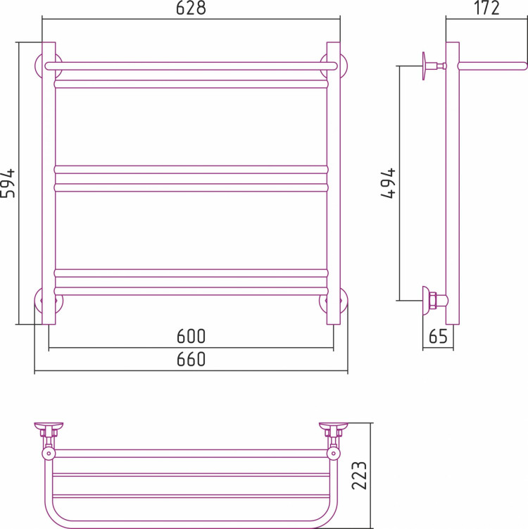 Полотенцесушитель водяной Стилье Версия-Н1 600х600 (Полка+1+2+2) П 16 Белый