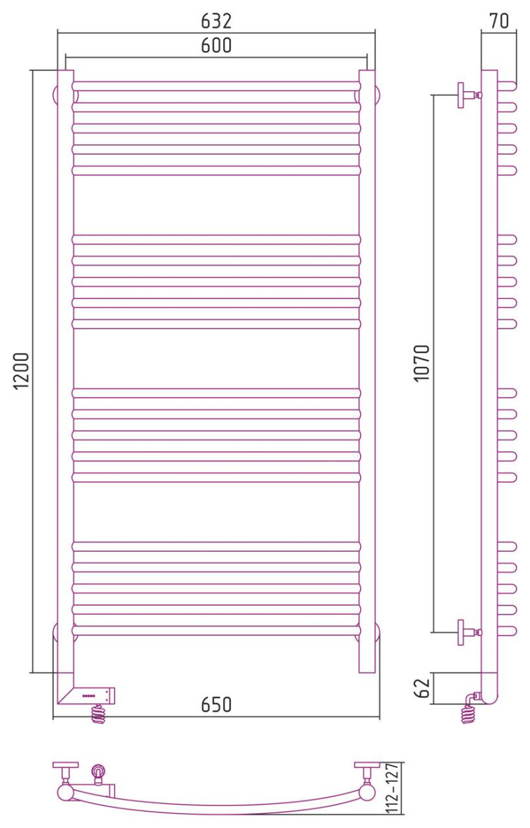 Полотенцесушитель электрический Сунержа Богема 2.0 выгнутая 1200х600 МЭМ левый Сатин
