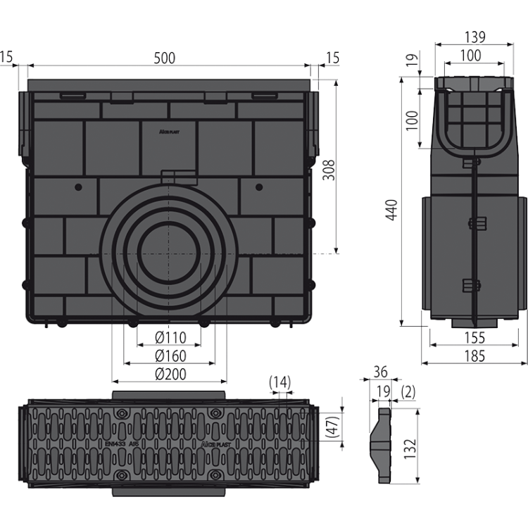 Пескоуловитель для дренажного канала AVZ104 с пластиковой рамой и пластиковой решеткой А15 Alcadrain AVZ104R-R401