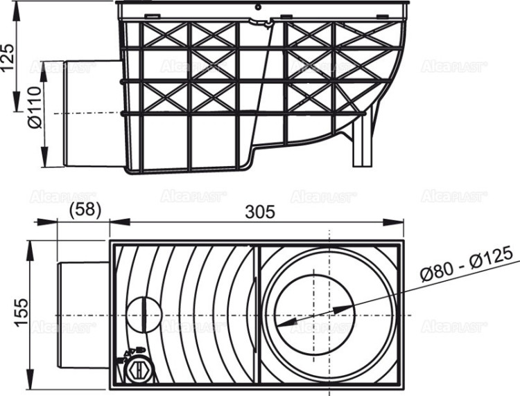 Ливнеотвод 300×155/110 мм, сток – боковой, черный Alcadrain AGV3