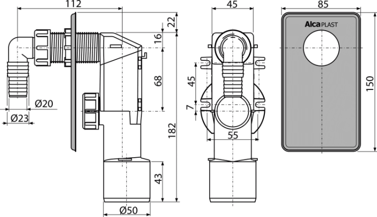 Сифон для стиральной машины под штукатурку, нержавеющая сталь Alcadrain APS3
