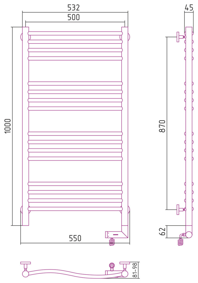 Полотенцесушитель электрический Сунержа Флюид 2.0 1000х500 МЭМ правый Матовый чёрный