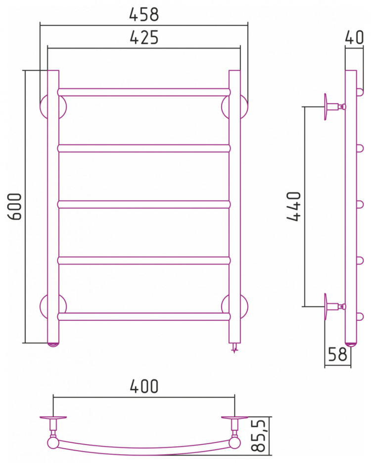 Полотенцесушитель электрический Стилье Формат 40 П 600х400 (5) Г16 Без покрытия