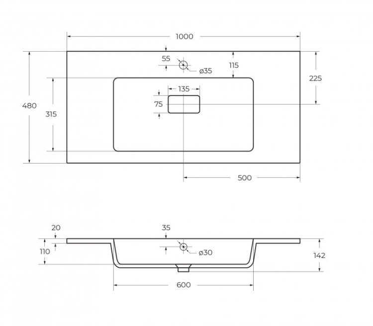 Раковина из искусственного мрамора 1000x480x110 Cezares CZR-1000/480-LV-MR-PRS