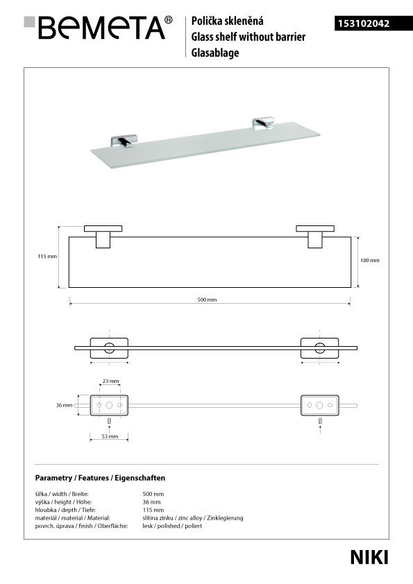 Полка стеклянная Bemeta Niki 153102042