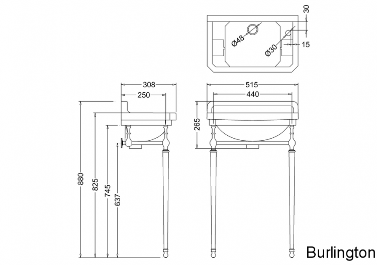 Гардеробная раковина Edwardian на 1 отверстие справа или слева с подстольем