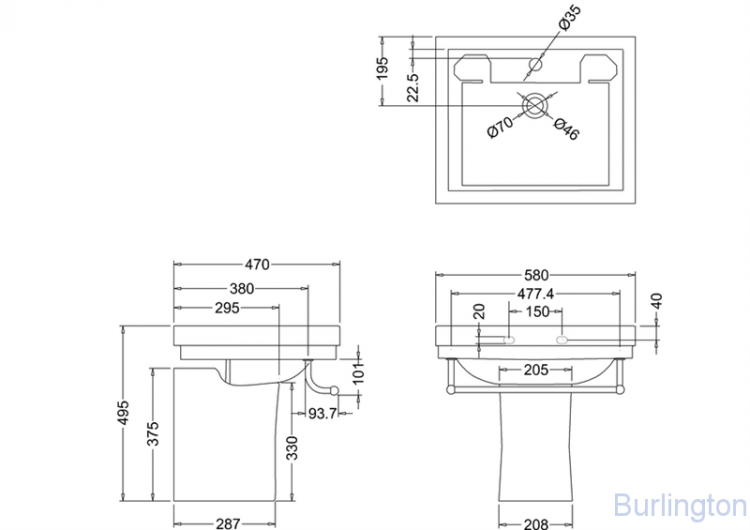 Раковина 58 см на 3 отверстия с полупьедесталом и полотенцедержателем