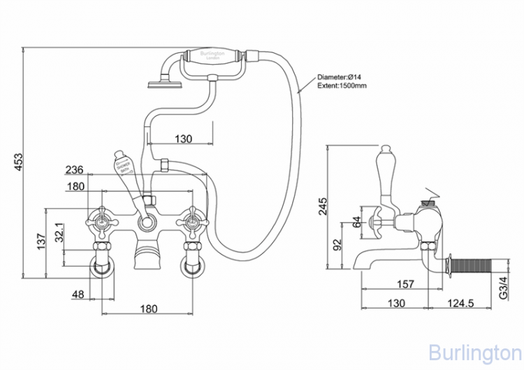Смеситель для ванны с ручным душем, настенный [AN17]