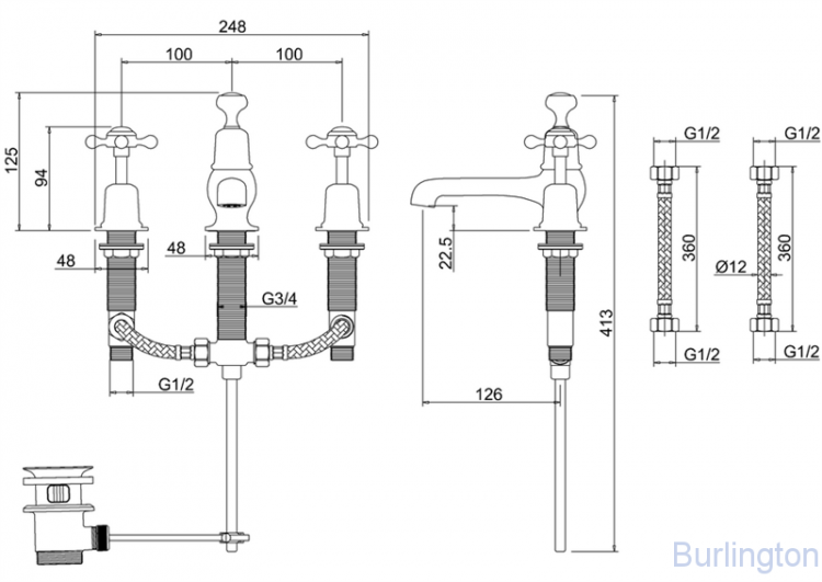 Смеситель для раковины на 3 отверстия с донным клапаном [CL12 BLA]