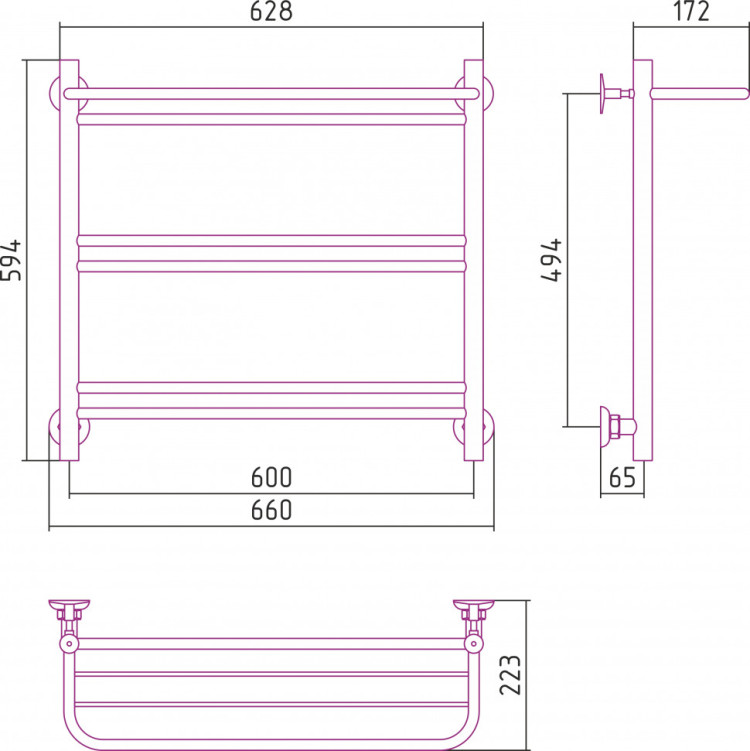 Полотенцесушитель водяной Стилье Версия-Н1 600х600 (Полка+1+2+2) П 16 Чёрный
