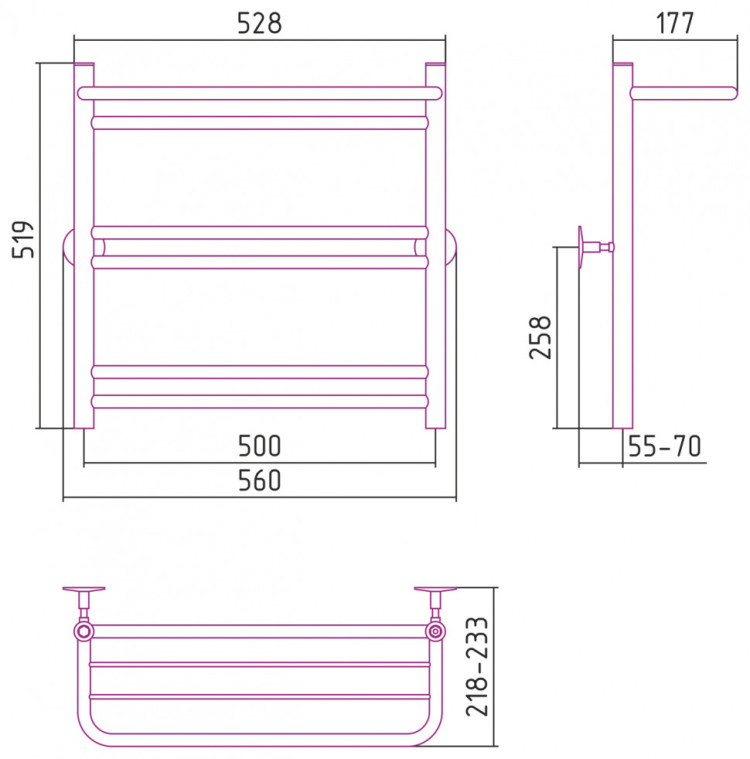Полотенцесушитель водяной Стилье Универсал-56 600х500 (Полка +1+2+2) П 18 Без покрытия
