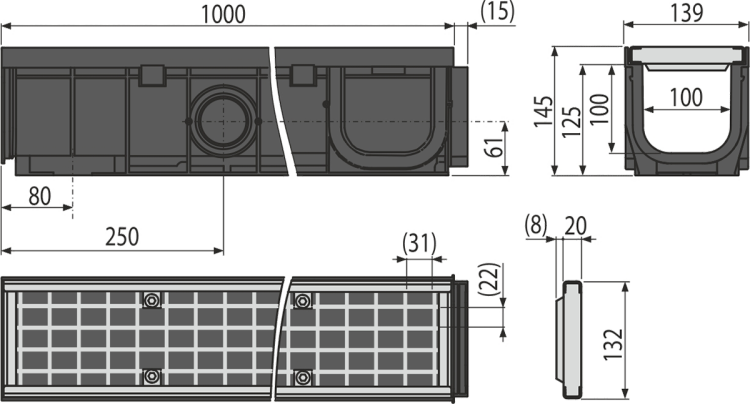 Дренажный канал 100 мм с пластиковой рамой и оцинкованной решеткой B125 Alcadrain AVZ102-R103