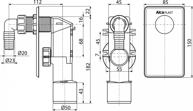 Сифон для стиральной машины под штукатурку, белый Alcadrain APS4