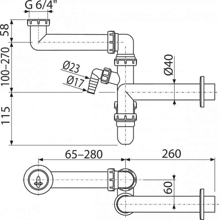 Сифон для мойки экономящий пространство со штуцером и с накидной гайкой 6/4