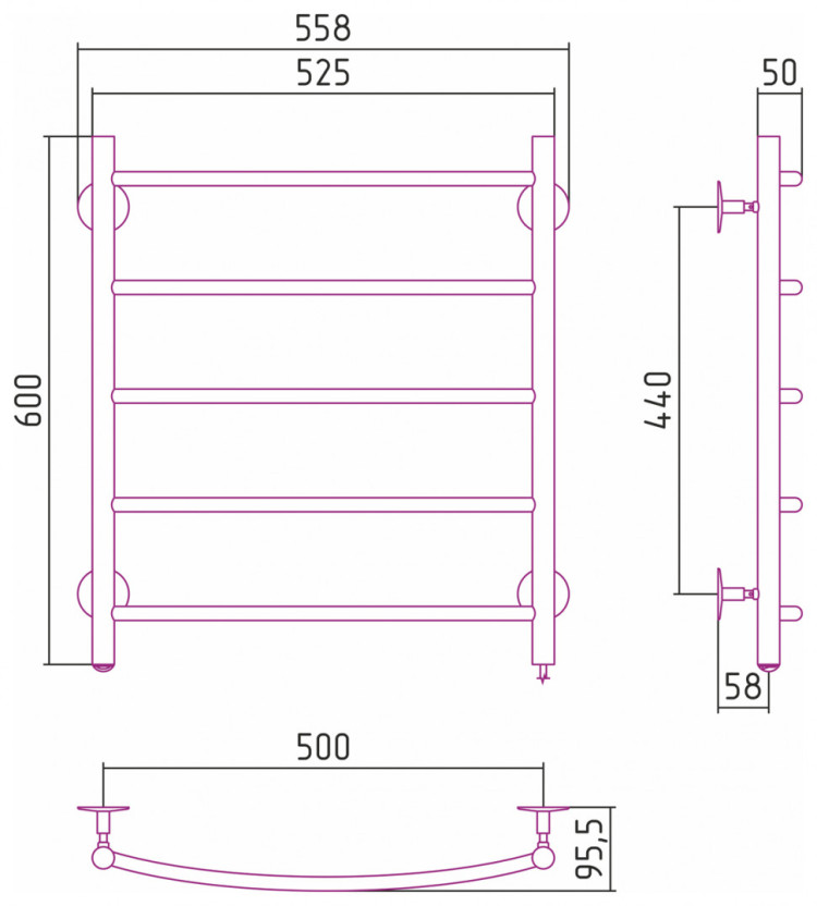 Полотенцесушитель электрический Стилье Формат 40 П 600х500 (5) Г16 Без покрытия