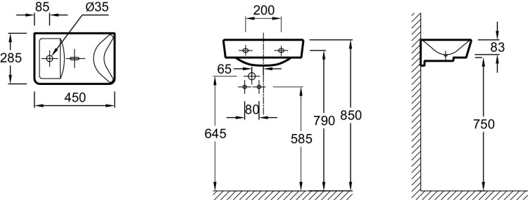 Рукомойник 45 х 28.5 см, без переливного отверстия Jacob Delafon REVEE4805-00