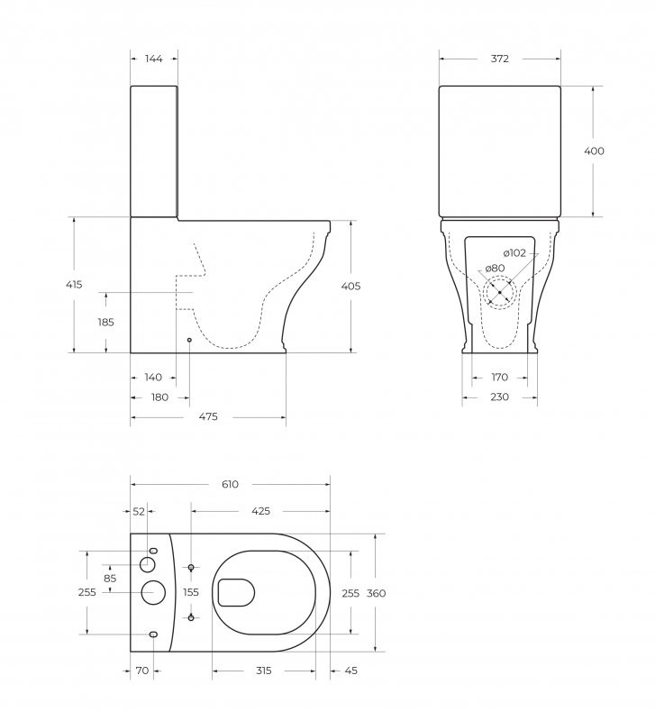 Чаша унитаза безободкового, P-trap Cezares CZR-165-CPR