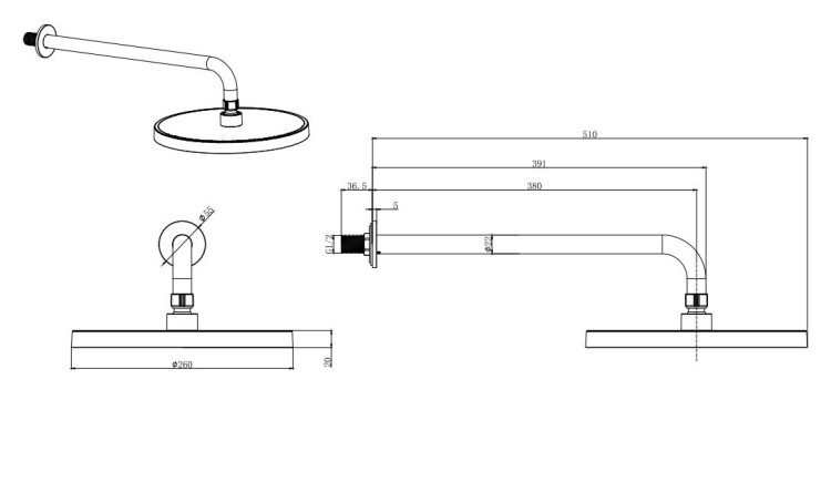 Верхний душ настенный 260мм Aquatek, матовый черный AQ2080MB