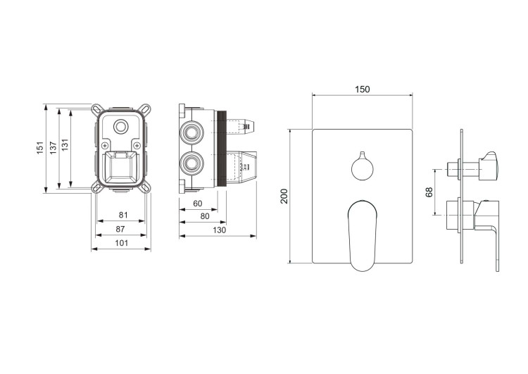 Смеситель для ванны 3 режима (внешняя и скрытая часть) Aquatek AQ1247CR ОБЕРОН