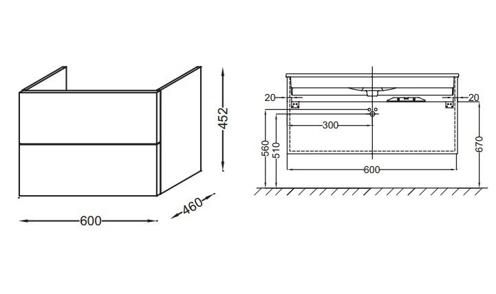 Тумба под раковину Jacob Delafon Vox 60 2 ящика изогнутые ручки