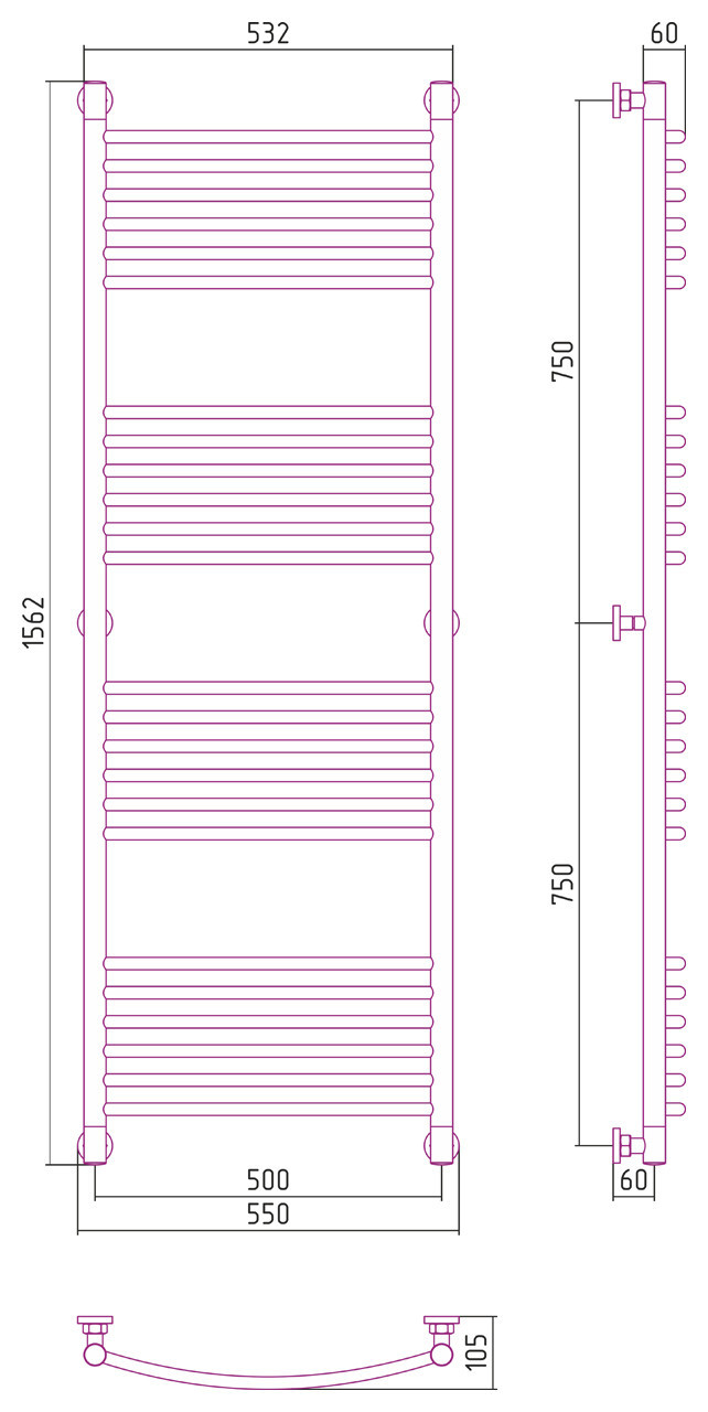 Полотенцесушитель водяной Сунержа Богема+ выгнутая 1500х500 Матовый белый