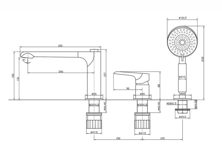 Смеситель на борт ванны с ручным выдвижным душем Cezares ANCONA-BVD3-CRM