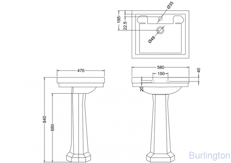 Раковина 58 см на 3 отверстия с пьедесталом