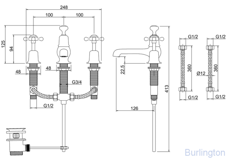 Смеситель для раковины на 3 отверстия с донным клапаном [CL12]