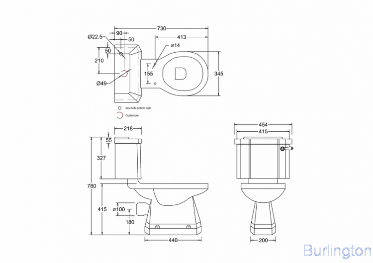 Унитаз-моноблок с керамической ручкой слива, бачок 44см