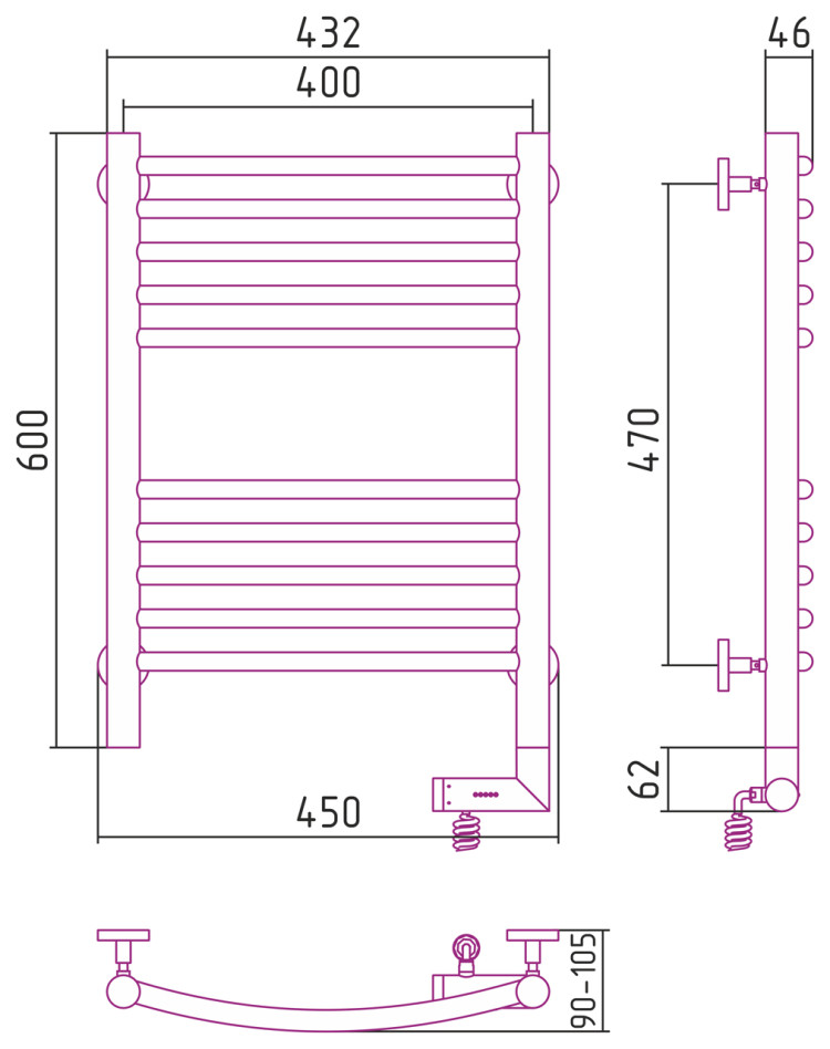 Полотенцесушитель электрический Сунержа Богема 2.0 выгнутая 600х400 МЭМ правый Без покрытия