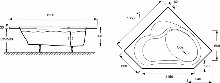 Угловая правосторонняя ванна-душ 135 х 135 см Jacob Delafon BAIN-DOUCHE E6219-00