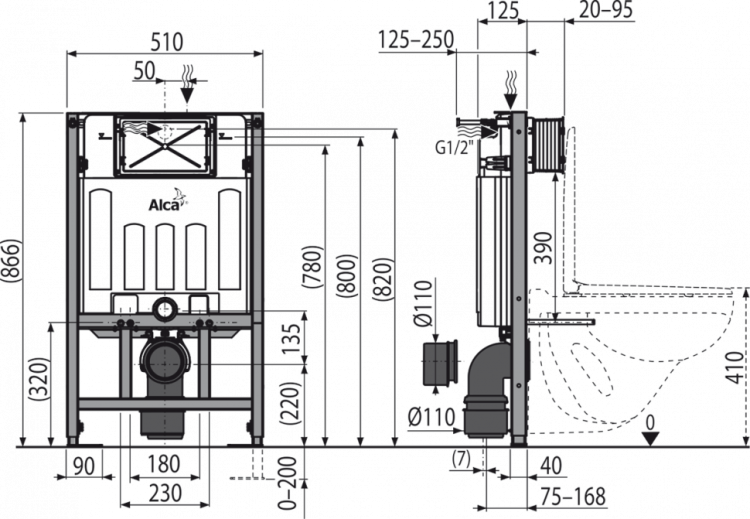 Скрытая система инсталляции для сухой установки (для гипсокартона) Alcadrain AM101/850 Sádromodul