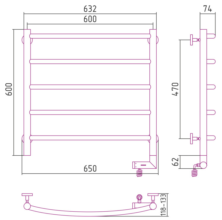 Полотенцесушитель электрический Сунержа Галант 2.0 600х600 МЭМ правый Без покрытия